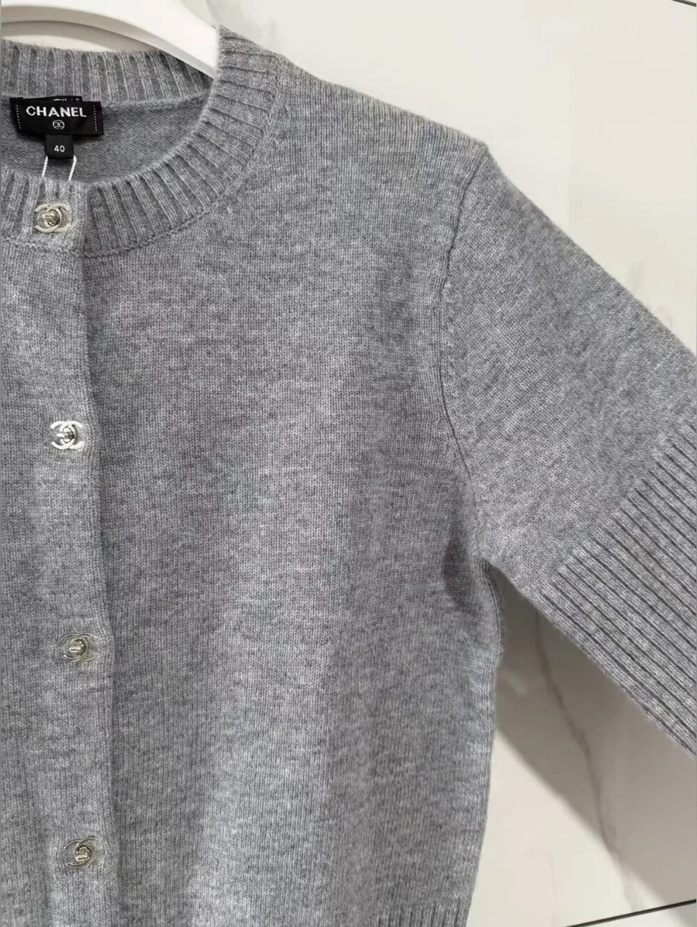 Chanel Gray Crewneck Cashmere Blend Cardigan Sweater